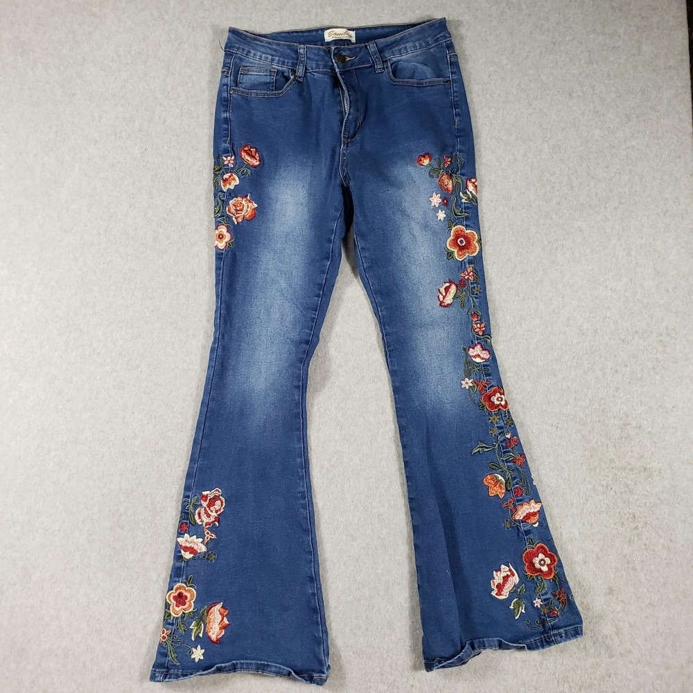 Bambos Original Denim Juniors 11 Embroidered Floral Flare Leg Jeans Boho Y2K - Picture 2 of 13